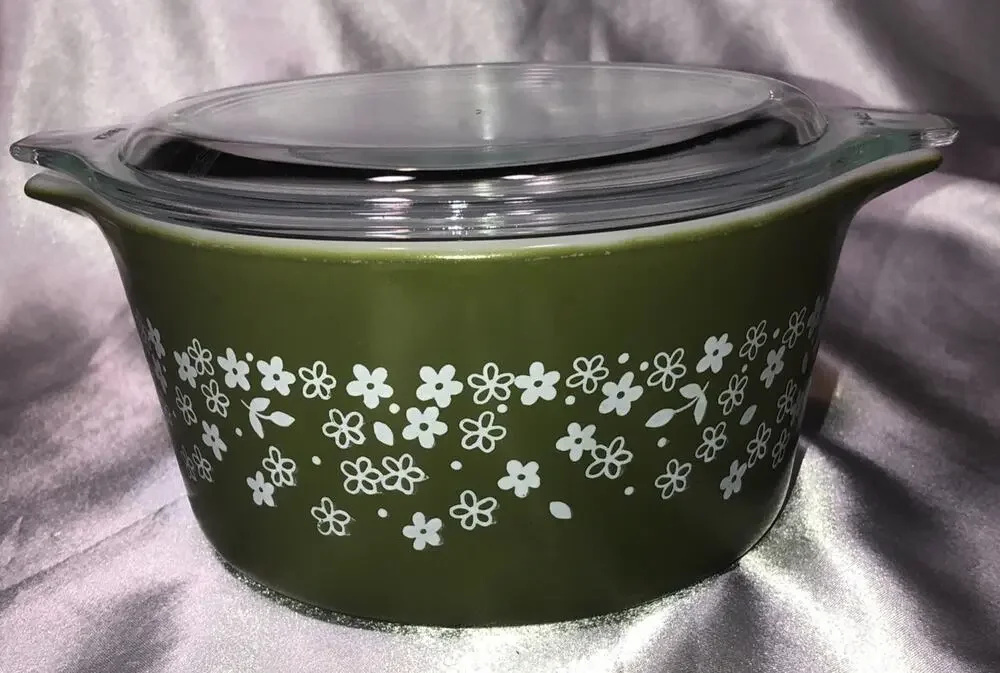 Pyrex Bowl Casserole Dish Lid 1 Quart Green White Flowers 473-B